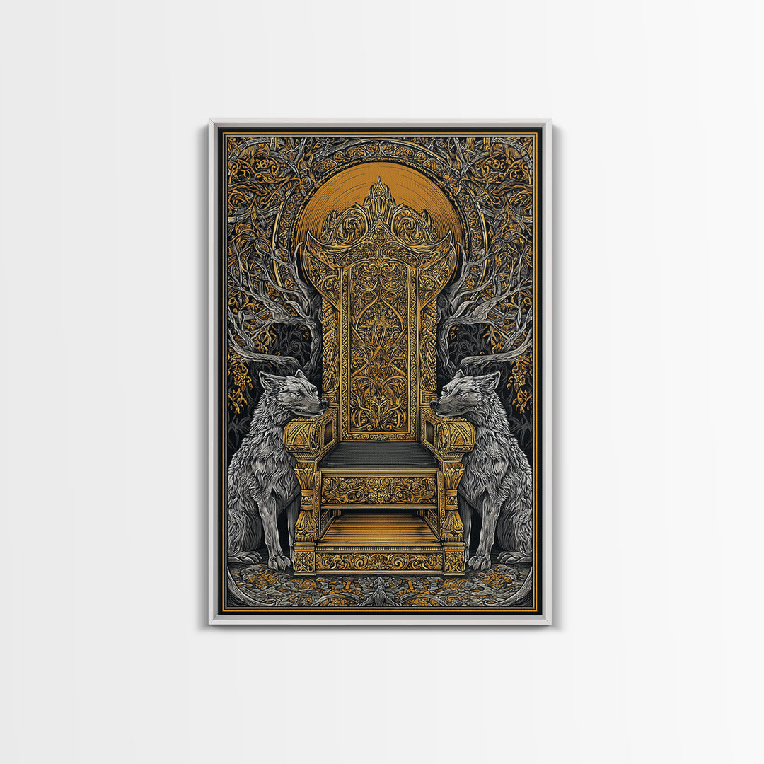 Yggdrasil Throne Canvas Gold Art, Norse Mythology Viking Chair Canvas Art, Office or Man Cave Wall Decor, Real Wood Frame Included