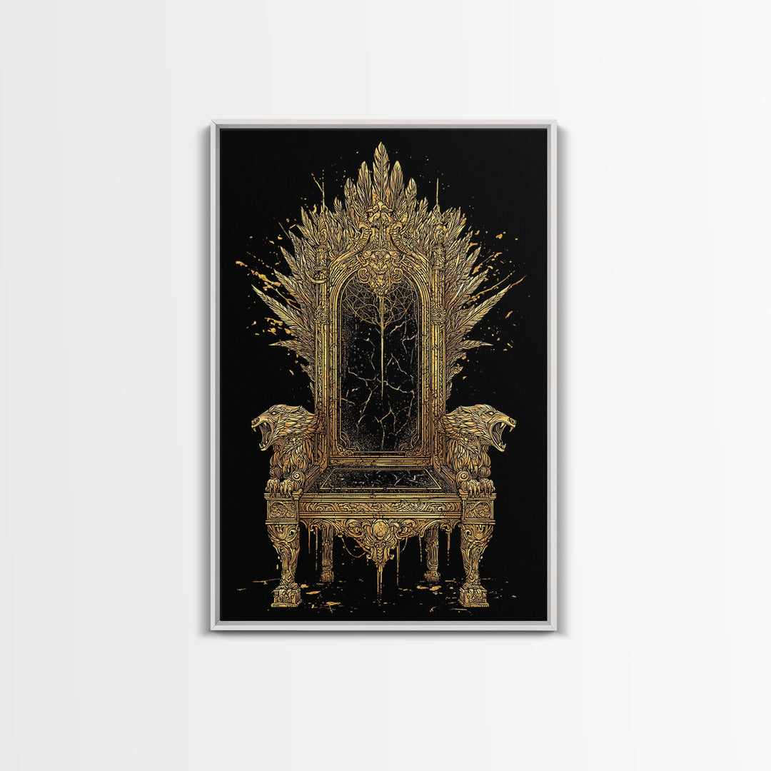 Norse Throne Canvas Gold Art, Viking Canvas Art for Office or Man Cave, Nordic Mythology Wall Decor framed in natural wood