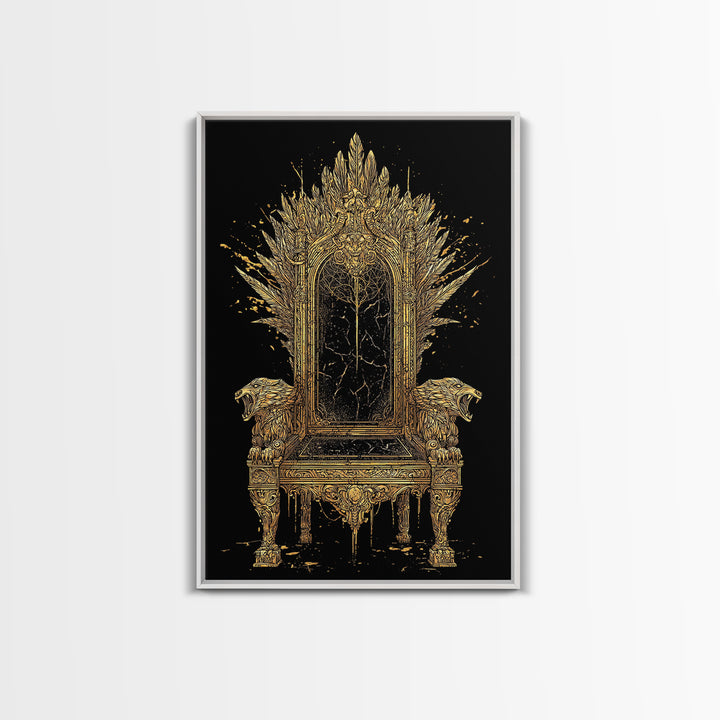 Norse Throne Canvas Gold Art, Viking Canvas Art for Office or Man Cave, Nordic Mythology Wall Decor framed in natural wood