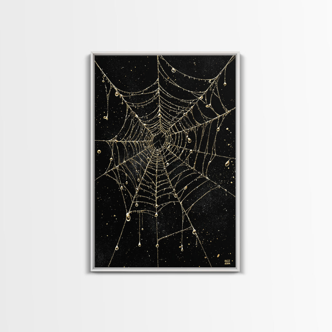 Norse Fate Web Canvas Gold Art, Nordic Canvas Art of Urd’s Threads, Viking Office Wall Decor framed in authentic natural wood