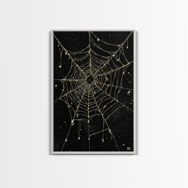 Norse Fate Web Canvas Gold Art, Nordic Canvas Art of Urd’s Threads, Viking Office Wall Decor framed in authentic natural wood