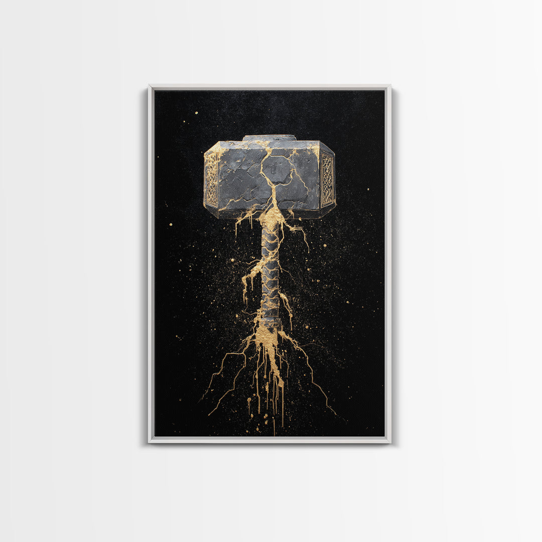 Thor’s Hammer Mjolnir Canvas Gold Art, Norse Canvas Art Wall Decor for Man Cave or Office, Viking Gift framed with real wood