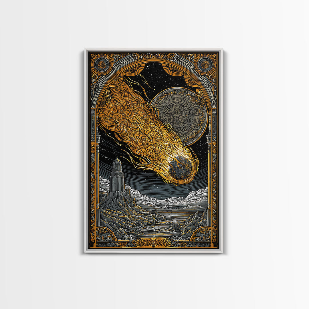 Falling Star Canvas Gold Art, Nordic Canvas Art of Ragnarok Myth, Viking Astronomy Wall Decor framed in natural wood for men