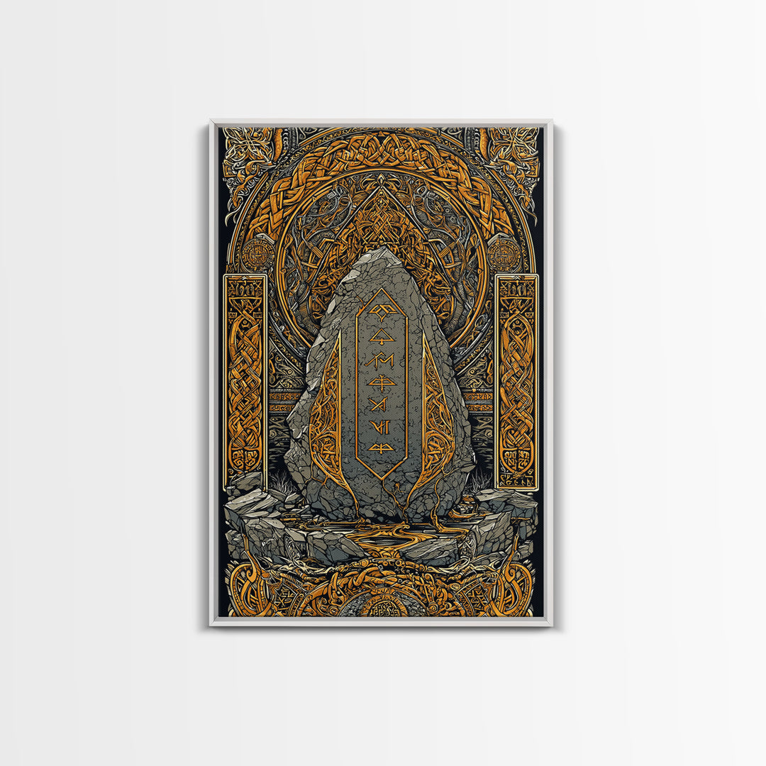 Obelisk Canvas Gold Art, Viking Canvas Art Wall Decor with Norse Runes, Nordic Myth Inspired Office Decor in real wood frame