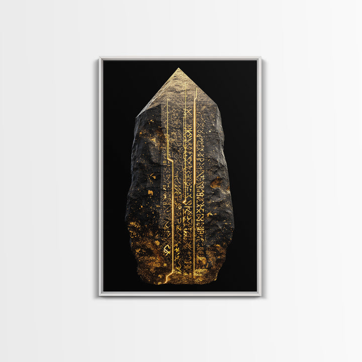 Runestone Canvas Gold Art, Nordic Canvas Art with Ancient Viking Runes, Norse Mythology Wall Decor framed in natural wood
