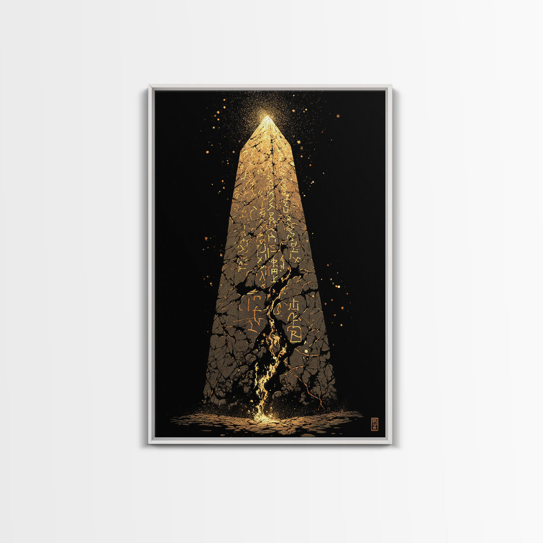 Glowing Obelisk Canvas Gold Art, Viking Canvas Art Wall Decor with Norse Runes, Nordic Myth Inspired Office Decor in real wood frame