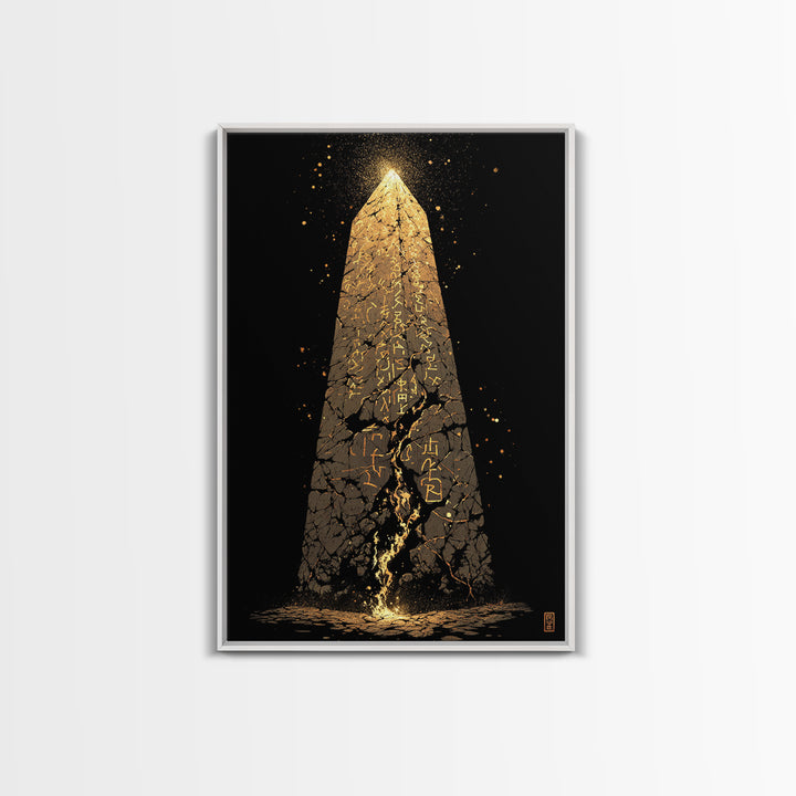 Glowing Obelisk Canvas Gold Art, Viking Canvas Art Wall Decor with Norse Runes, Nordic Myth Inspired Office Decor in real wood frame