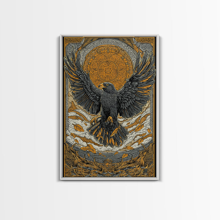 Nordic Eagle Guardian Canvas Gold Art Canvas Art | Viking Wall Decor Norse Mythology Art for Men | Mounted in Real Wood Frame