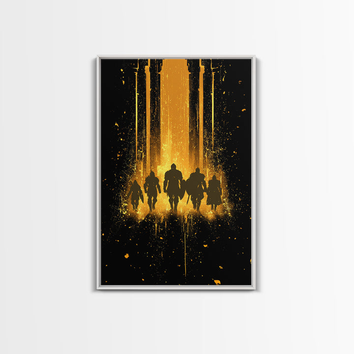 Norse Warriors Canvas Gold Art, Viking Canvas Art Wall Decor with Epic Battle Silhouettes, Man Cave Gift framed in real wood