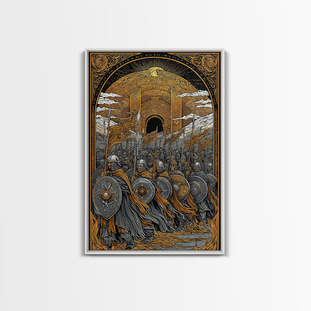 Asgardian Army Canvas Gold Art Canvas Art | Norse Mythology Wall Decor with Viking Soldiers | Office or Dad Gift in Wood Frame