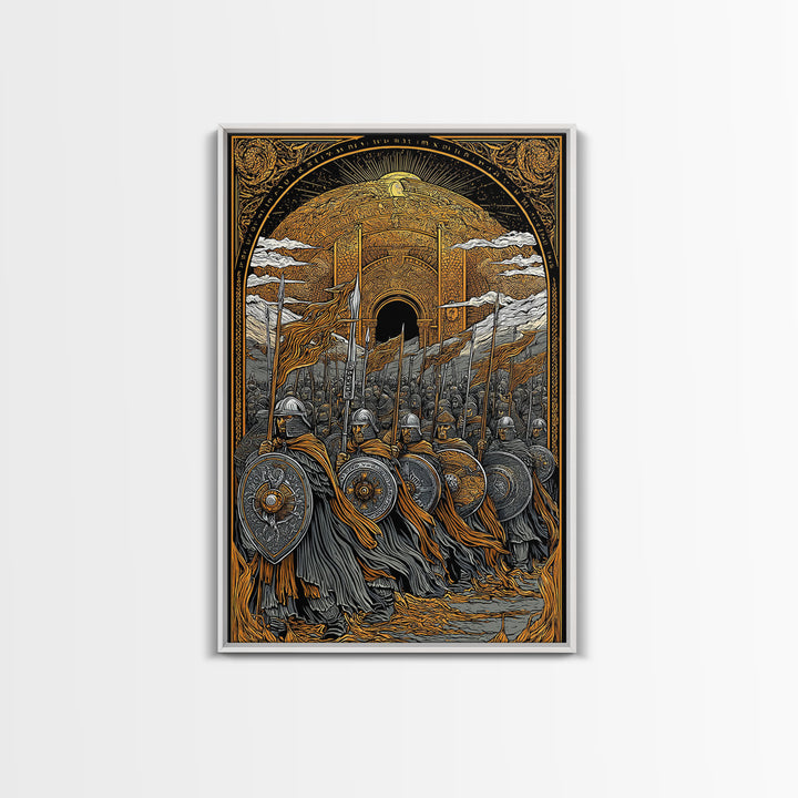 Asgardian Army Canvas Gold Art Canvas Art | Norse Mythology Wall Decor with Viking Soldiers | Office or Dad Gift in Wood Frame