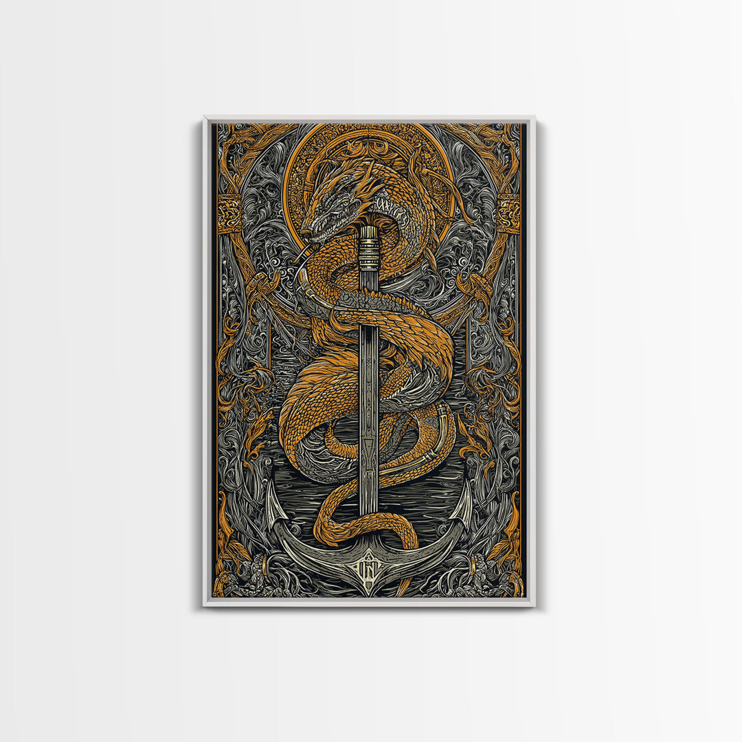 Jormungandr Serpent Canvas Gold Art Canvas Art | Norse Sea Dragon Mythology Wall Decor Pagan Symbol | Office Art with Real Wood