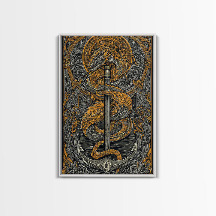 Jormungandr Serpent Canvas Gold Art Canvas Art | Norse Sea Dragon Mythology Wall Decor Pagan Symbol | Office Art with Real Wood