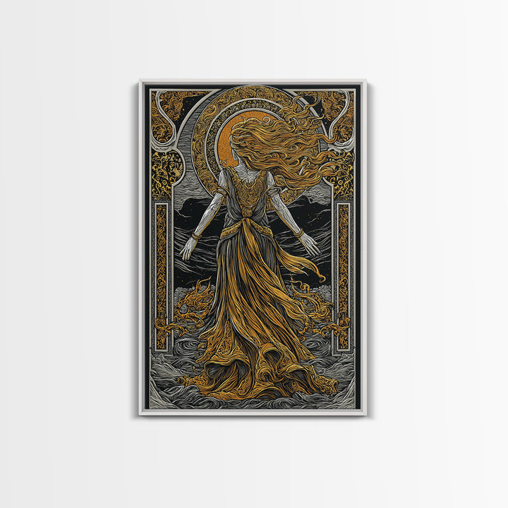 Goddess Freyja Canvas Gold Art Canvas Art | Norse Mythology Divine Feminine Wall Decor | Man Cave or Office Art in Wood Frame