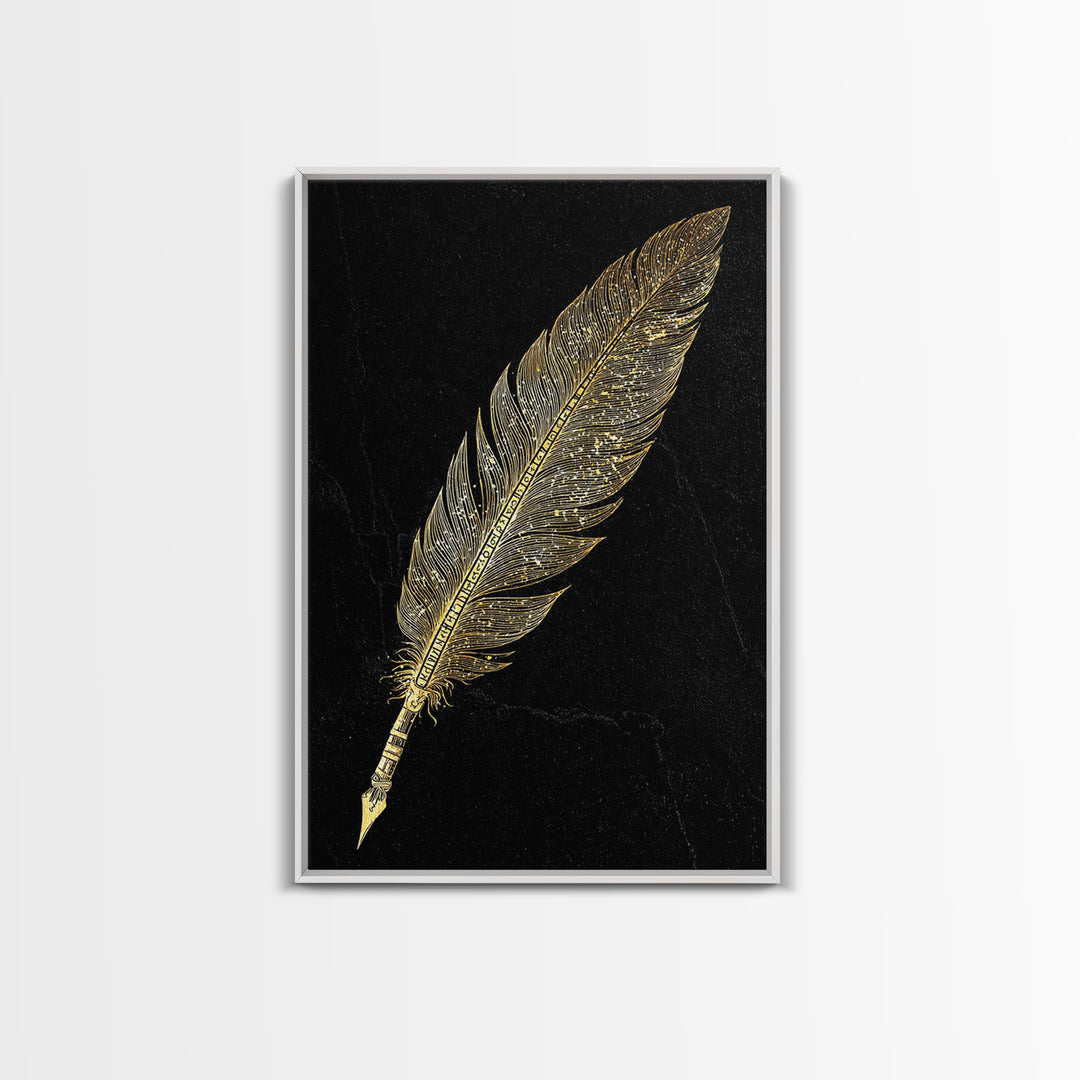 Runic Feather Quill Canvas Gold Art Canvas Art | Viking Mythology Writing Symbol Wall Decor | Office or Study Gift with Wood Frame