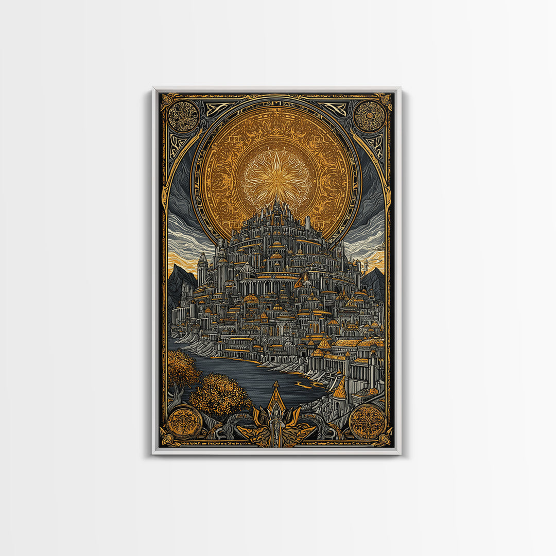 Asgard City Canvas Gold Art Canvas Art | Norse Mythology Viking Wall Decor Office Art | Nordic Fortress Scene in Real Wood Frame