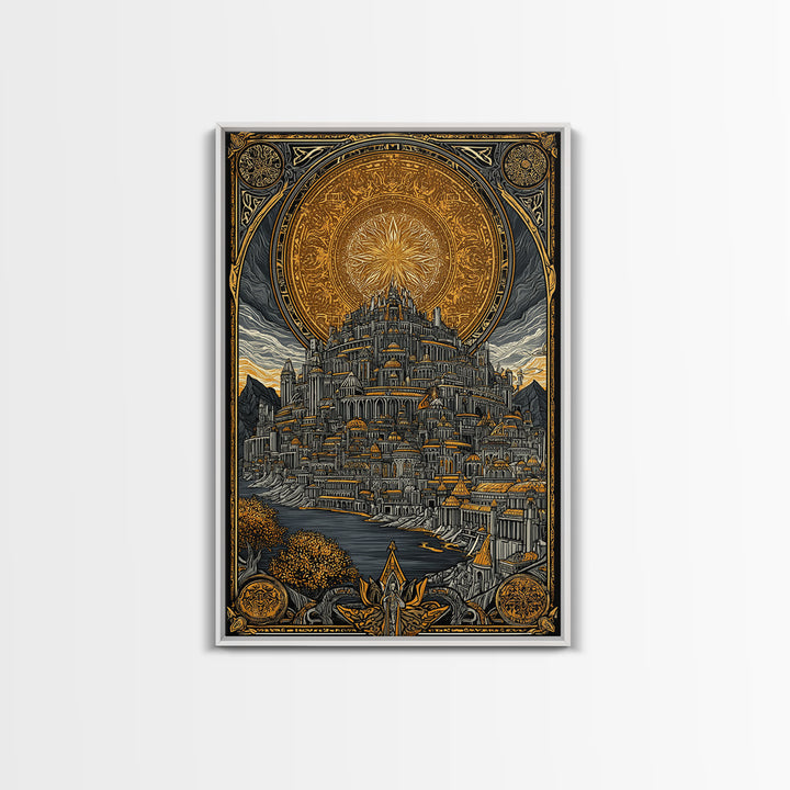 Asgard City Canvas Gold Art Canvas Art | Norse Mythology Viking Wall Decor Office Art | Nordic Fortress Scene in Real Wood Frame