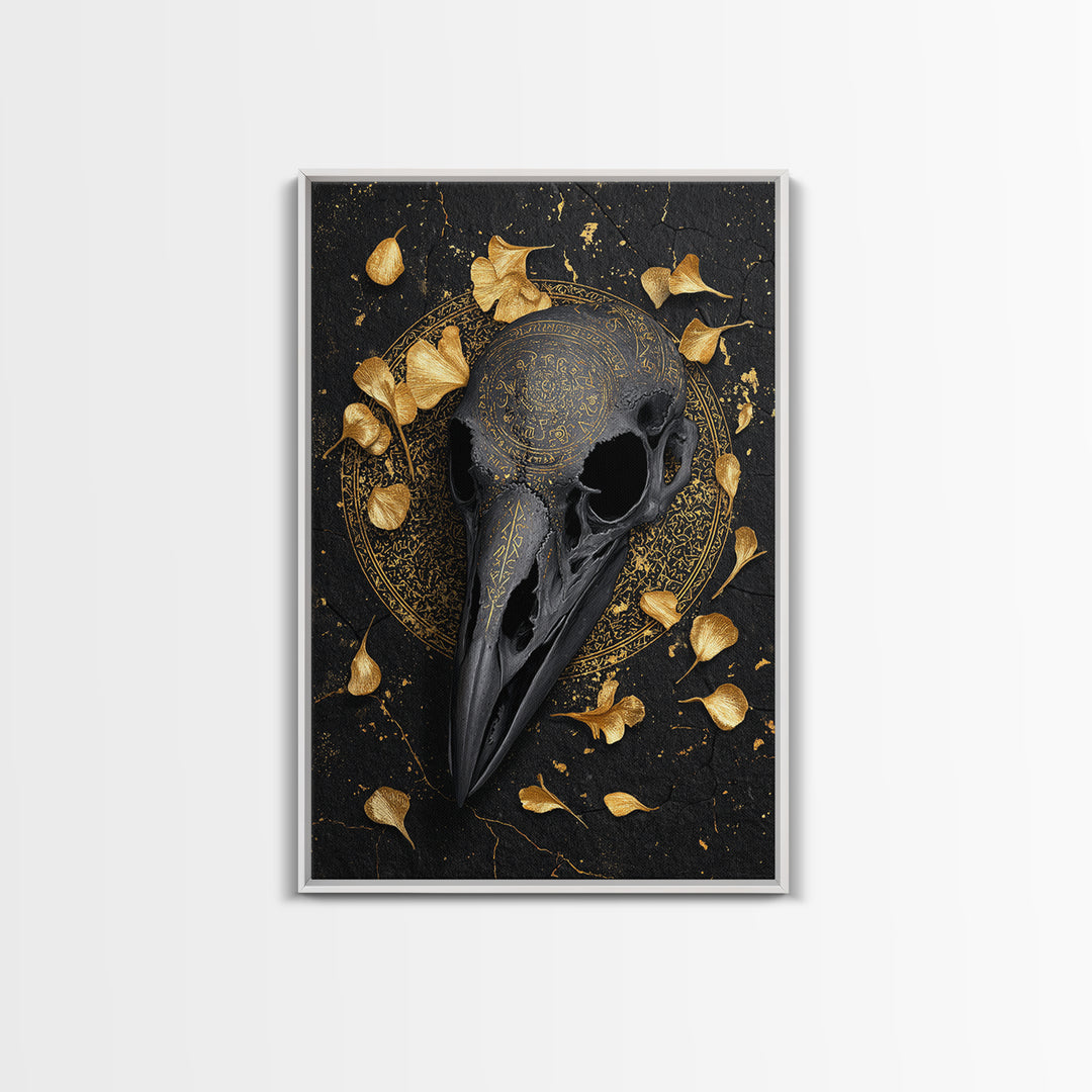 Raven Skull Canvas Gold Art Canvas Art | Odin’s Symbol Norse Mythology Wall Decor | Man Cave or Office Art with Natural Wood Frame