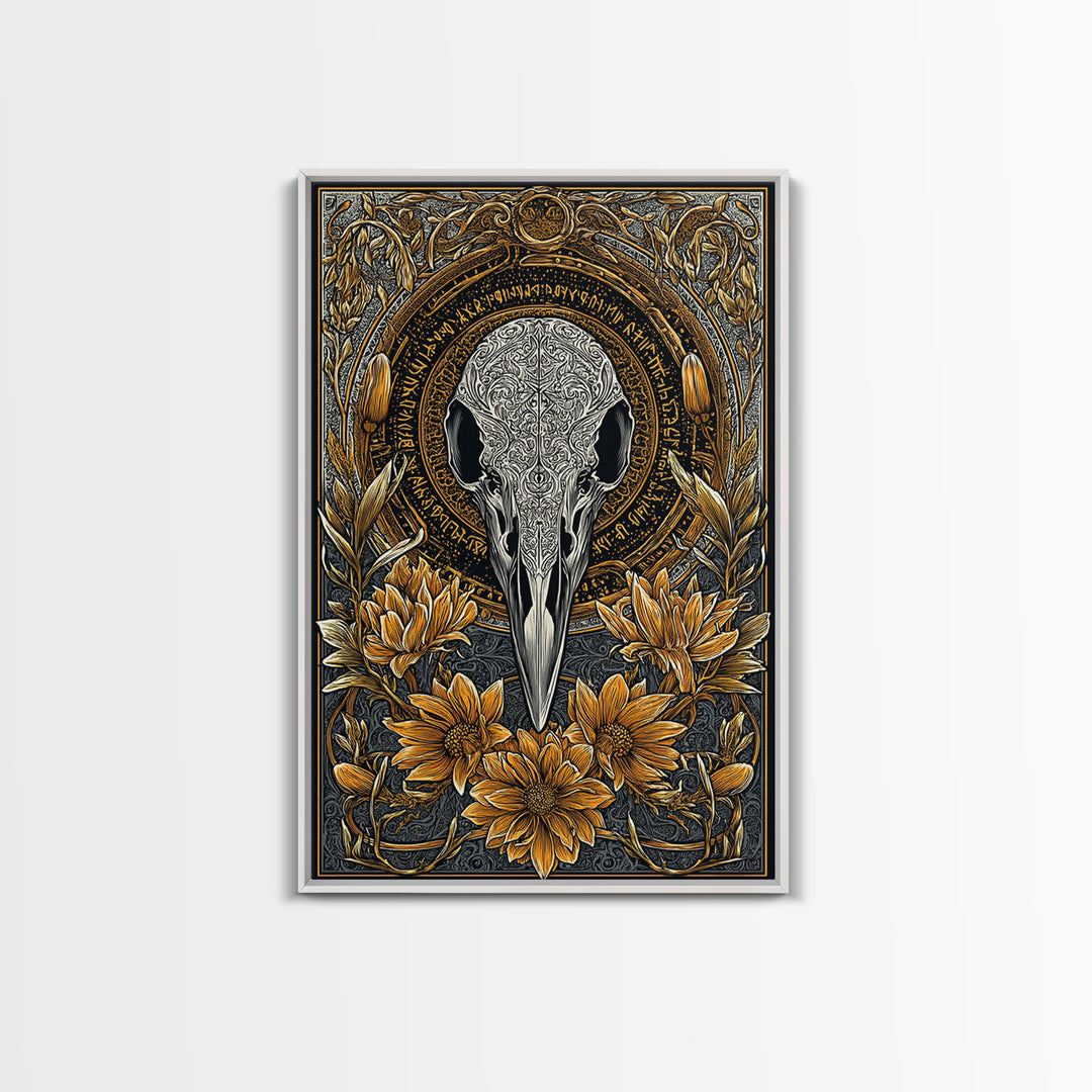 Floral Raven Skull Canvas Gold Art Canvas Art | Norse Mythology Pagan Decor for Office or Man Cave | Viking Symbol in Wood Frame