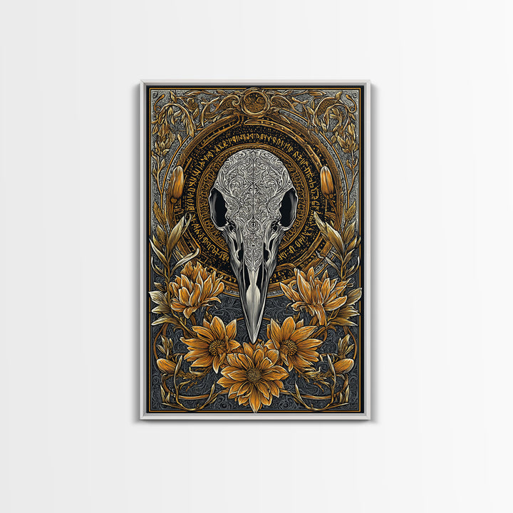 Floral Raven Skull Canvas Gold Art Canvas Art | Norse Mythology Pagan Decor for Office or Man Cave | Viking Symbol in Wood Frame