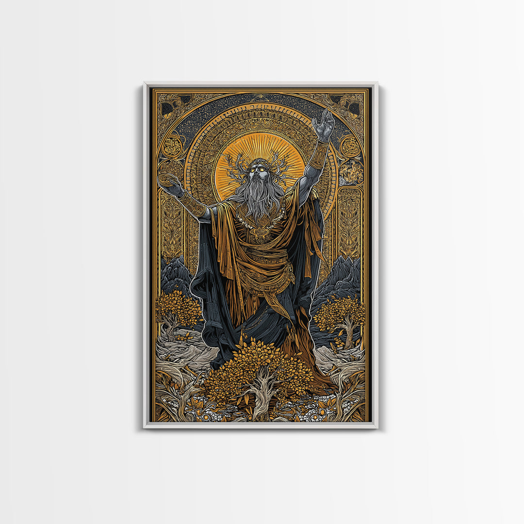 Norse God Canvas Gold Art Canvas Art – Odin Inspired Mythology Wall Decor for Office, Man Cave, or Dad Gift, real wood frame