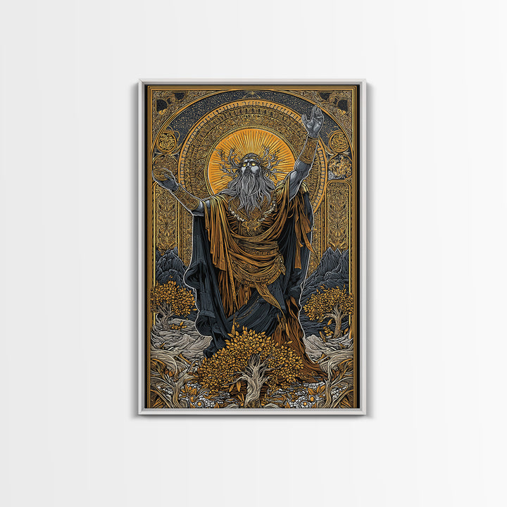 Norse God Canvas Gold Art Canvas Art – Odin Inspired Mythology Wall Decor for Office, Man Cave, or Dad Gift, real wood frame