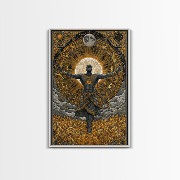 Baldr Nordic Deity Canvas Gold Art Canvas Art – Norse Mythology Sun God Wall Decor for Man Cave, Office, Dad Gift, framed wood