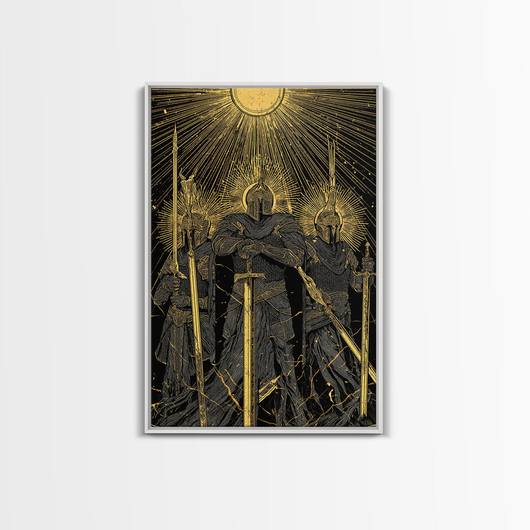 Einherjar Warriors Canvas Gold Art Canvas Art – Norse Afterlife Battle Viking Wall Decor for Dad Gift, Man Cave or Office, wood framed