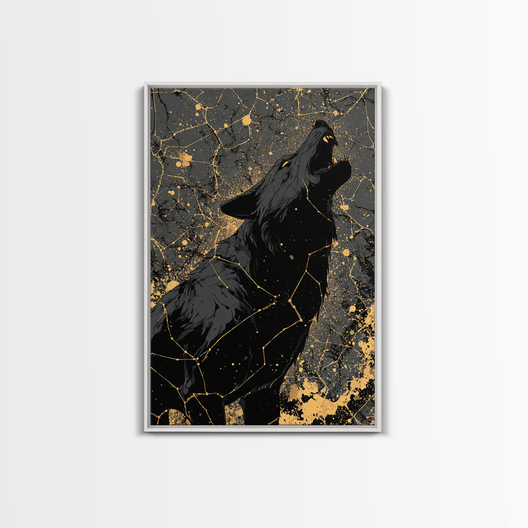 Viking Fenrir Wolf Canvas Gold Art Canvas Art Norse Mythology Wall Decor, framed in real wood, Man Cave Office Art, Nordic Dad Gift