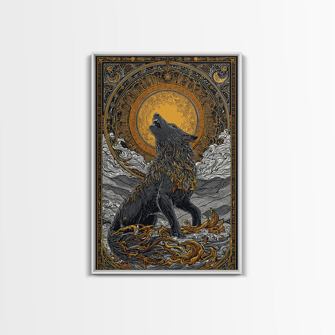 Fenrir Norse Wolf Myth Canvas Gold Art Canvas Art, Nordic Wall Decor with natural wood frame, Viking Man Cave Wall Hanging Office