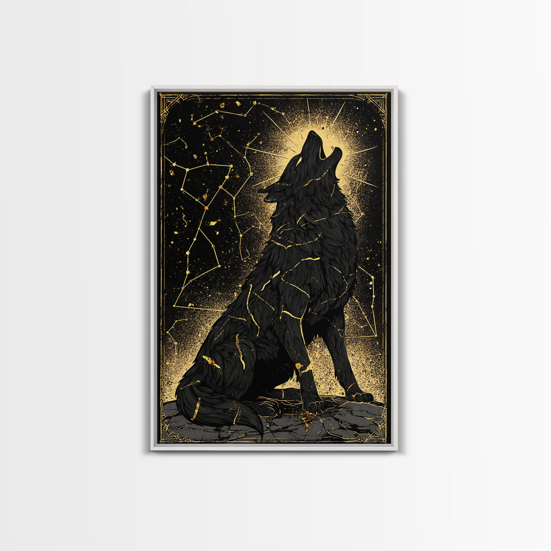 Fenrir Wolf Canvas Gold Art Canvas Art – Norse Mythology Wall Decor of Giant Wolf, Viking Office or Man Cave Gift, framed in wood