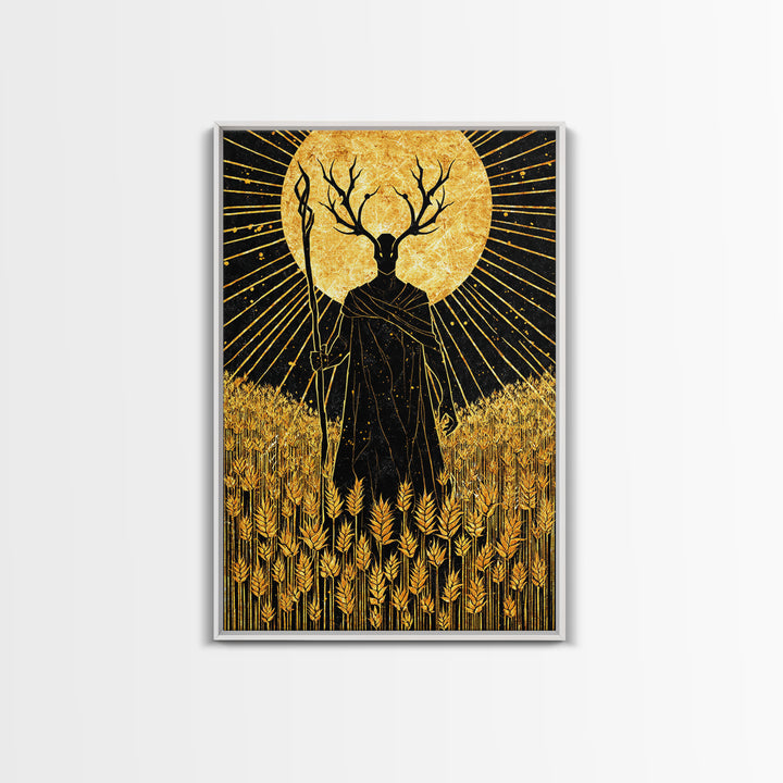 Nordic Frey God of Fertility Canvas Gold Art Canvas Art, Viking Mythology Wall Decor, natural wood framed art, Office and Dad Gift