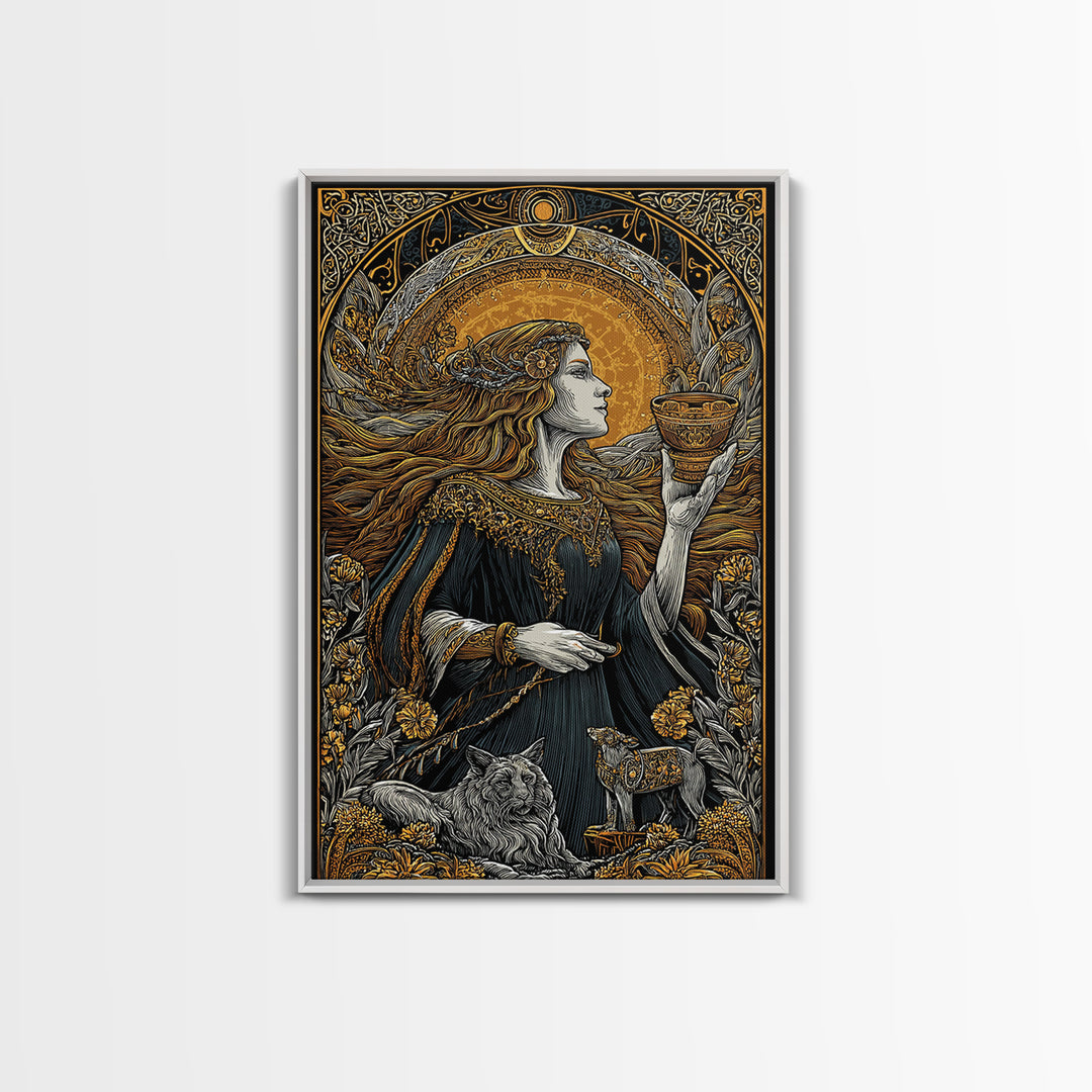 Norse Goddess Freyja Canvas Gold Art Canvas Art, Viking Wall Decor framed in natural wood, Nordic Office Art and Unique Gift for Him