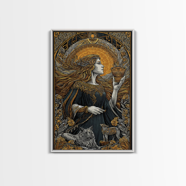Norse Goddess Freyja Canvas Gold Art Canvas Art, Viking Wall Decor framed in natural wood, Nordic Office Art and Unique Gift for Him