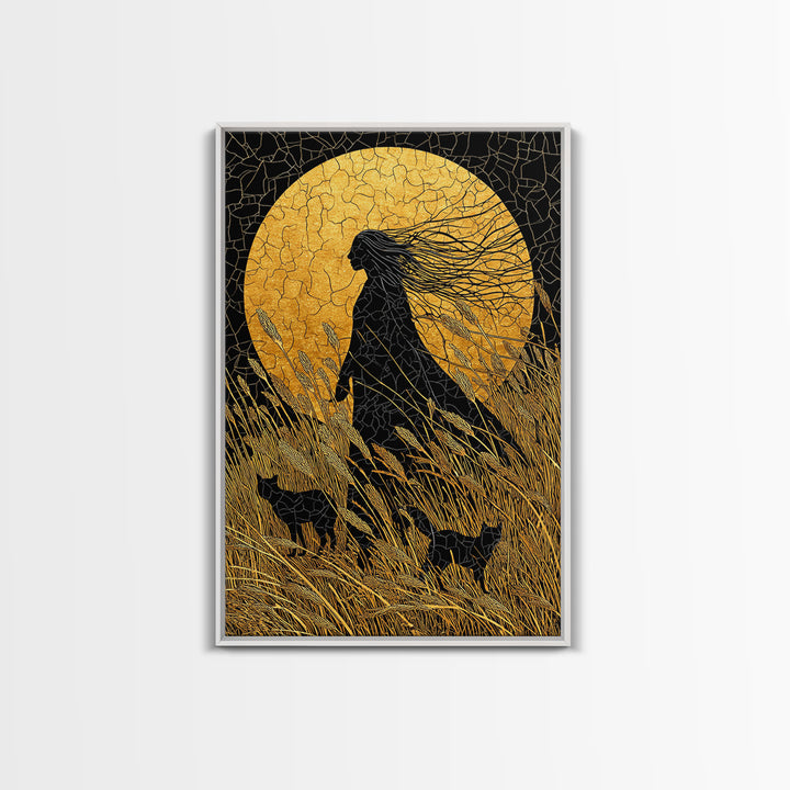 Frigg Norse Goddess Canvas Gold Art Canvas Art, Nordic Wall Decor framed in natural wood, Viking Mythology Wall Art for Office or Gift