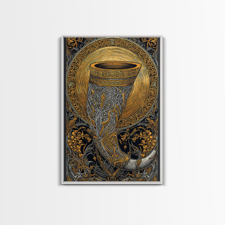 Viking Drinking Horn Wall Decor Gjallarhorn Canvas Gold Art Canvas Art Nordic Mythology Office Wall Art framed in natural wood