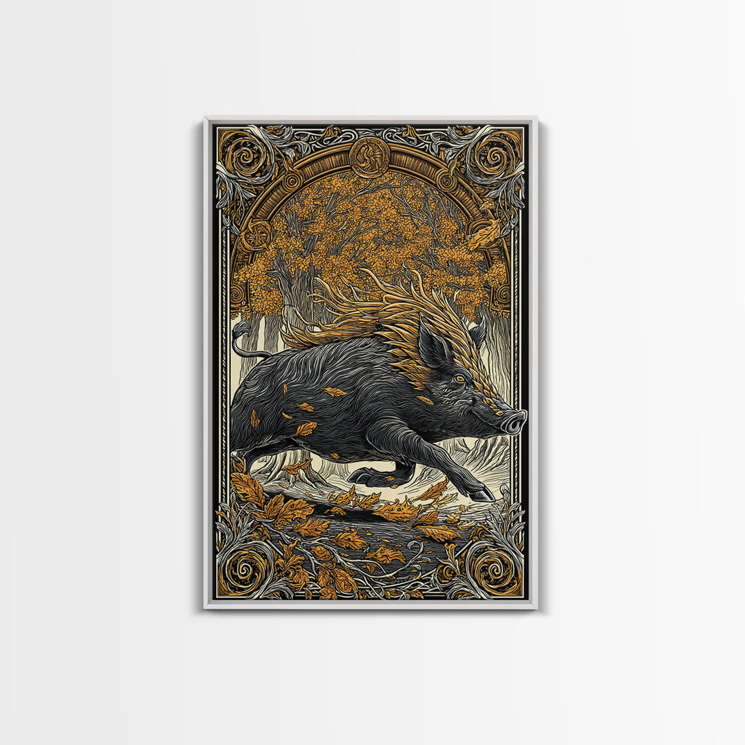 Norse Boar Gullinbursti Canvas Gold Art Canvas Art Viking Wall Decor Nordic Mythology Gift Dad Office Art framed in solid wood