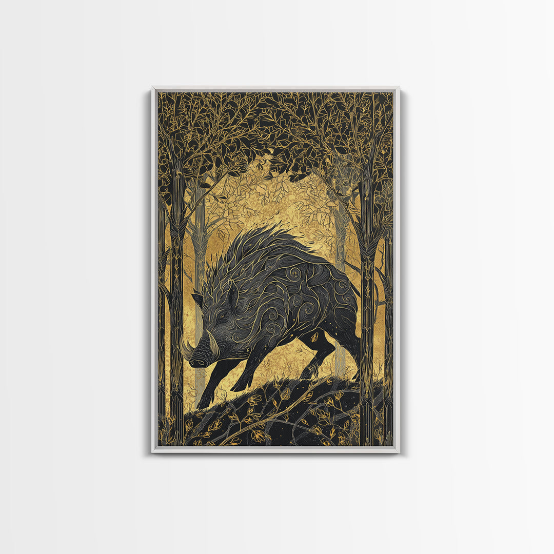 Gullinbursti Boar Norse Mythology Print Canvas Gold Art Canvas Art Nordic Wall Decor Viking Man Cave Art with real wood frame