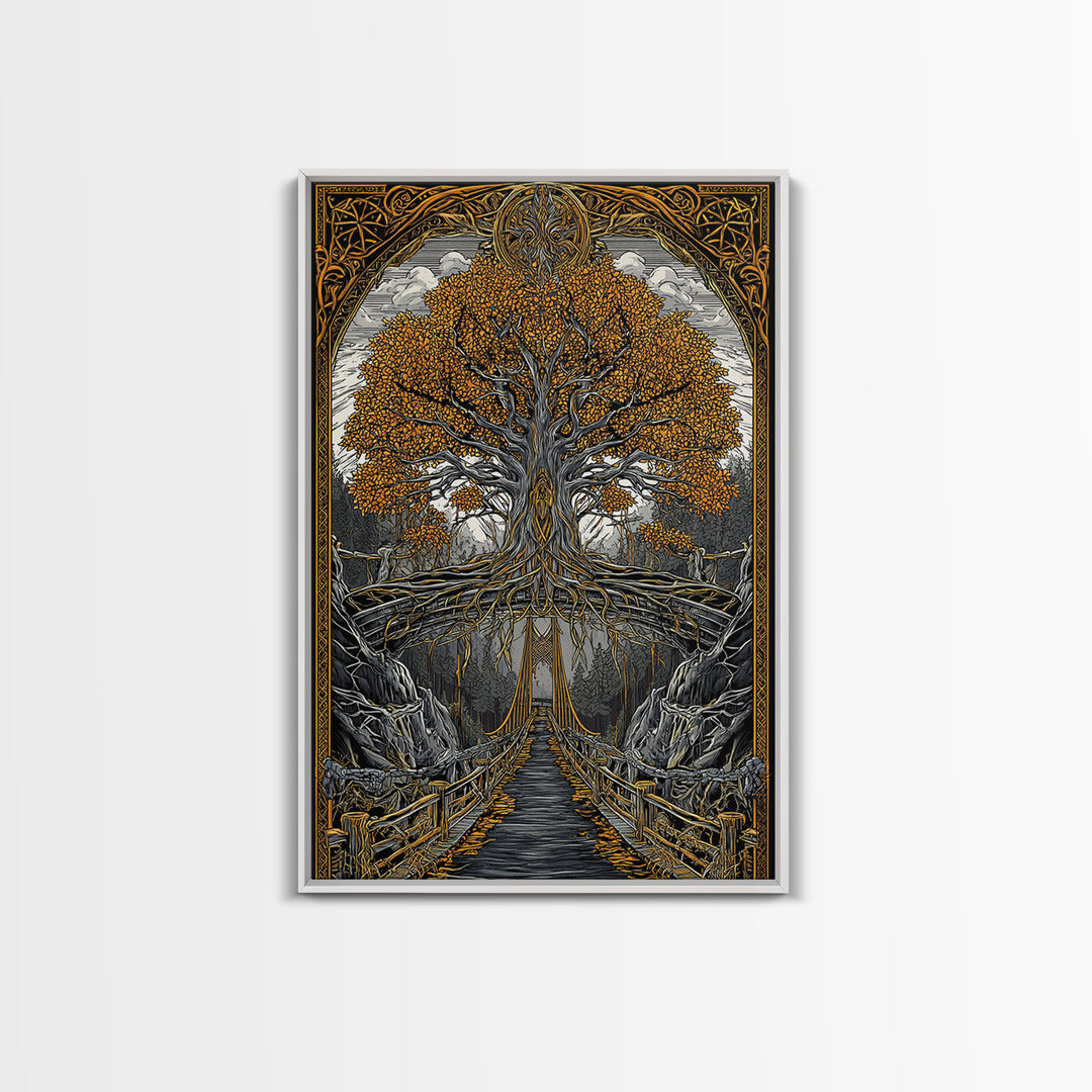 Nordic Helheim Bridge Mythology Print Canvas Gold Art Canvas Art Viking Wall Decor for Men Office or Dad Gift framed in wood