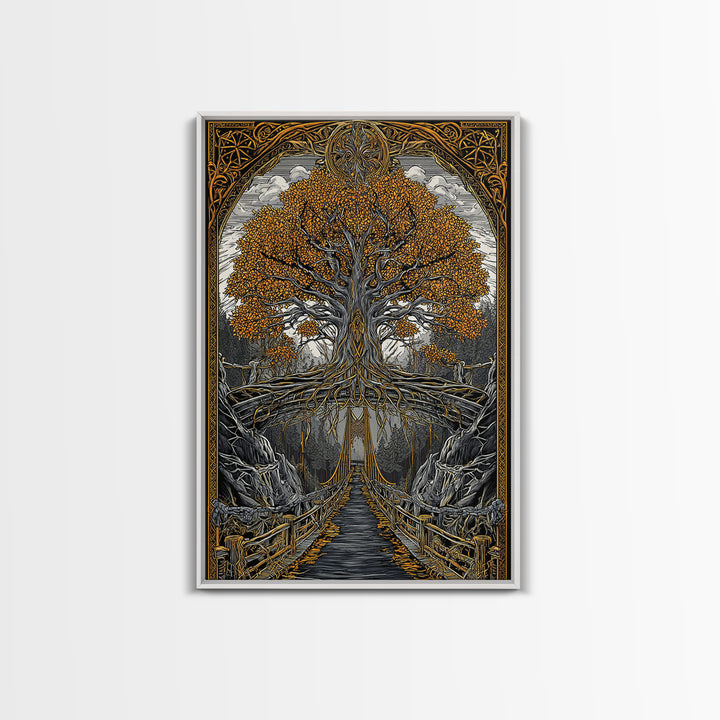 Nordic Helheim Bridge Mythology Print Canvas Gold Art Canvas Art Viking Wall Decor for Men Office or Dad Gift framed in wood