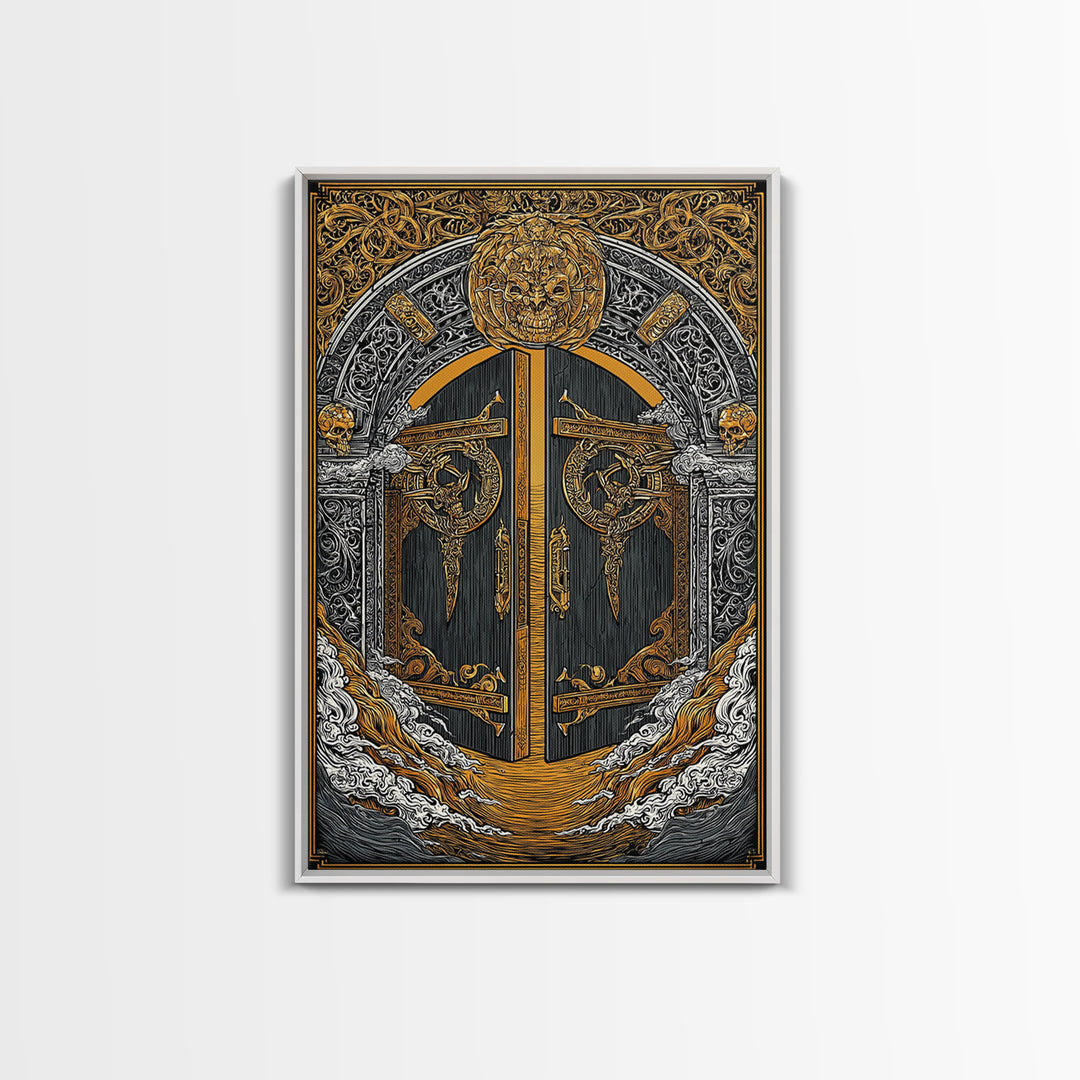 Helheim Norse Realm of the Dead Canvas Gold Art Canvas Art Viking Mythology Wall Art Office Decor Man Cave framed in wood trim