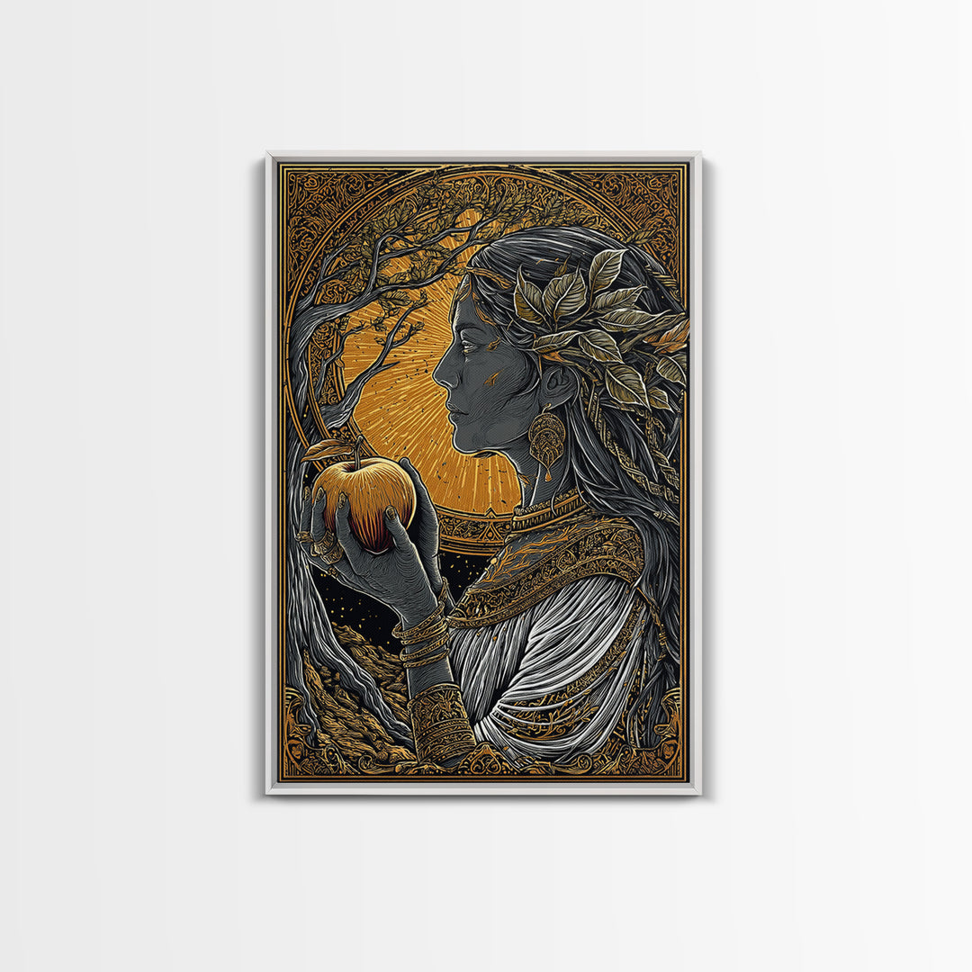 Idunn Goddess of Youth Norse Mythology Canvas Gold Art Canvas Art Nordic Wall Decor Office Art Dad Gift framed in natural wood