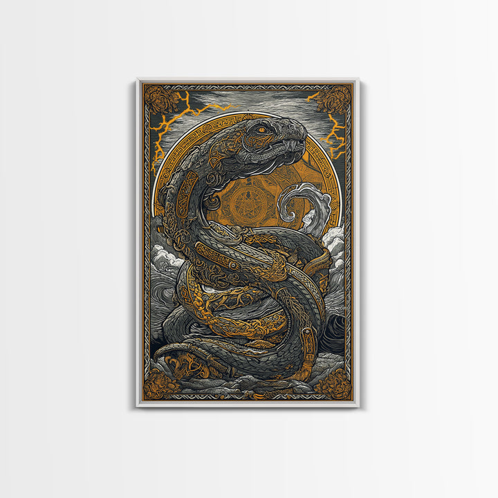 Norse Jrmungandr Canvas Gold Art Canvas Art | Viking Serpent Wall Decor | Mythology Office Art framed in natural wood