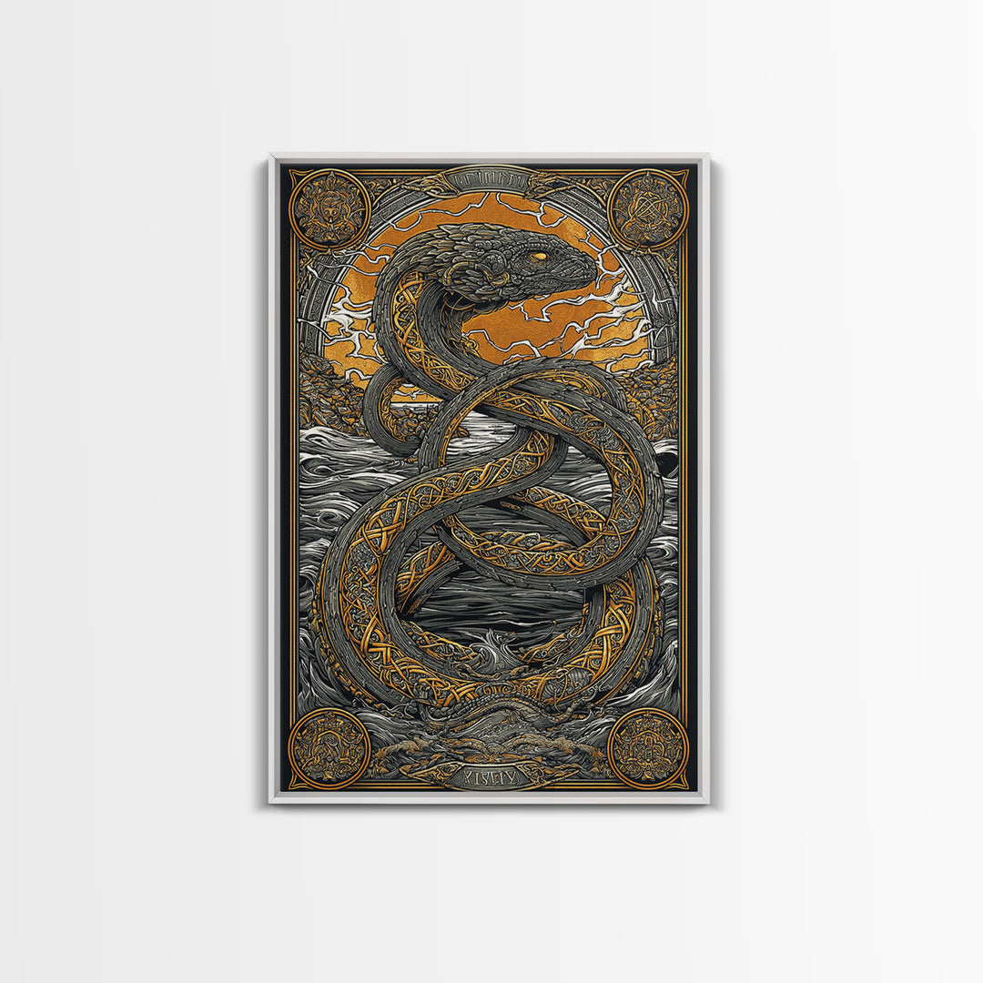 Nordic Mythology Jrmungandr Serpent Canvas Gold Art Canvas Art | Viking Decor | Man Cave Gift framed in rustic wood