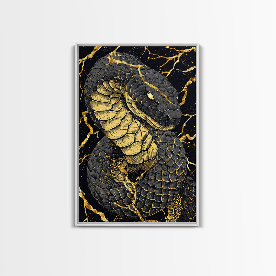 Jormungandr Midgard Serpent Canvas Gold Art Canvas Art Viking Mythology Wall Decor Nordic Office Man Cave Gift with wood frame