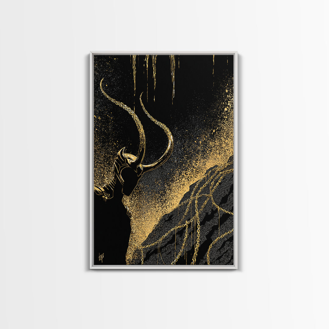 Loki Bound Canvas Gold Art Canvas Art | Norse Trickster God Wall Decor | Viking Mythology Man Cave framed in wood