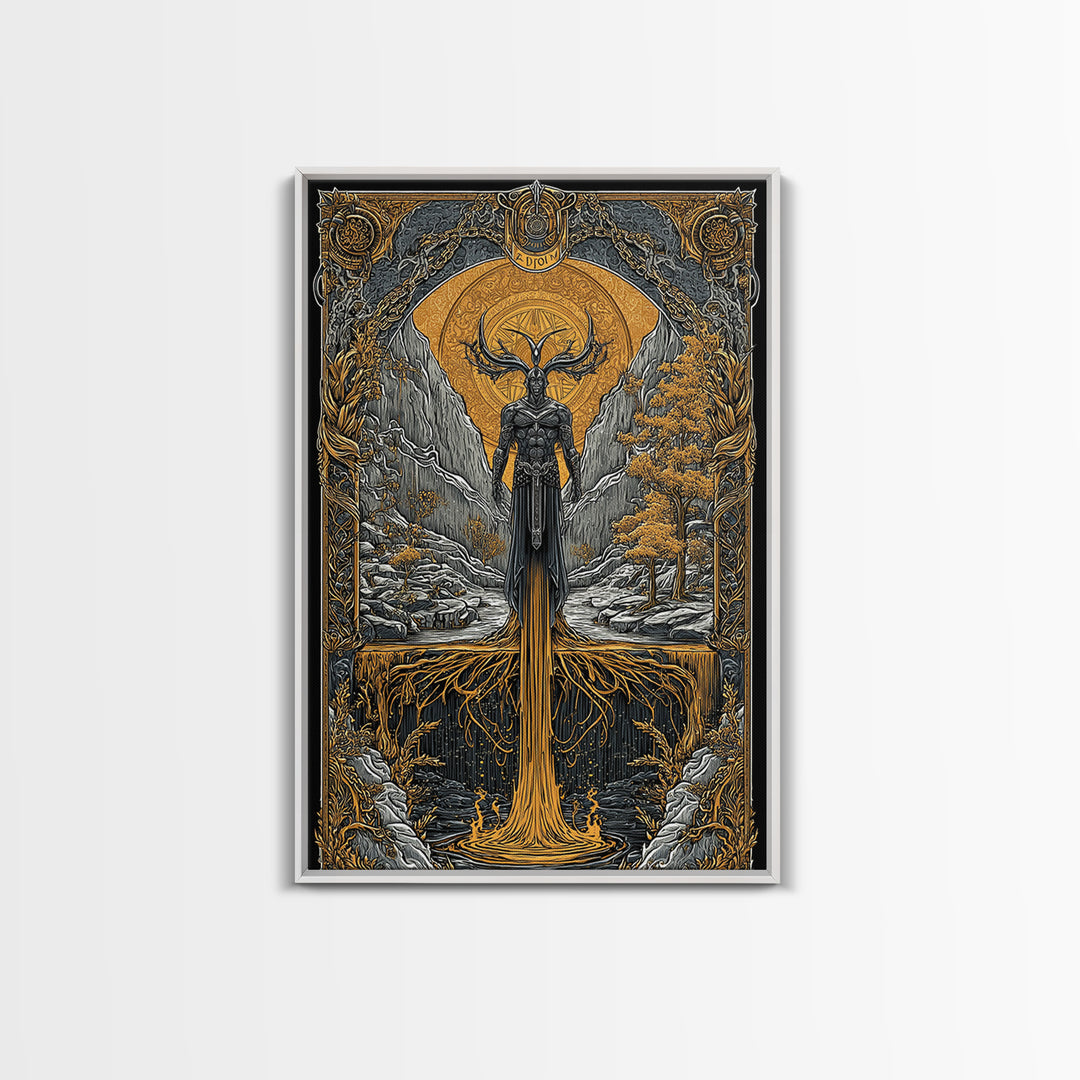 Nordic Loki Canvas Gold Art Canvas Art | Viking God of Mischief Wall Decor | Norse Office Art Gift in real wood frame