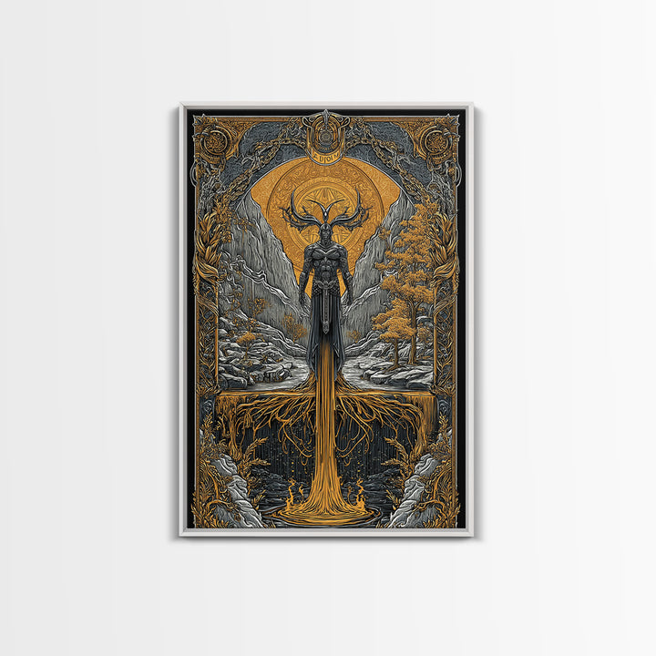 Nordic Loki Canvas Gold Art Canvas Art | Viking God of Mischief Wall Decor | Norse Office Art Gift in real wood frame