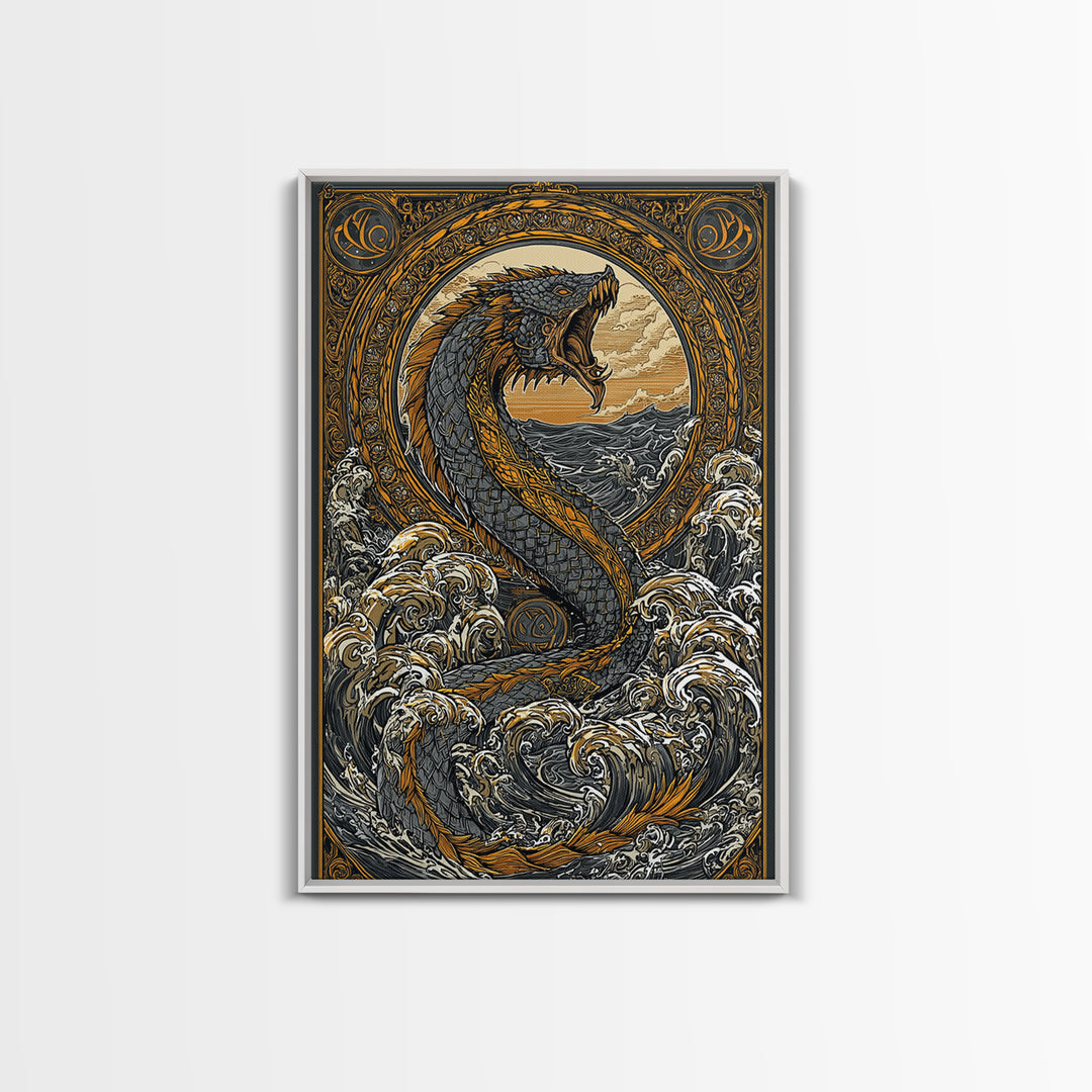 Midgard Norse Landscape Canvas Gold Art Canvas Art | Viking World Tree Inspired Decor | Mythology Office Art framed wood