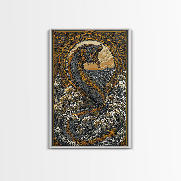 Midgard Norse Landscape Canvas Gold Art Canvas Art | Viking World Tree Inspired Decor | Mythology Office Art framed wood